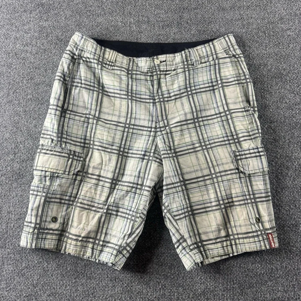 Tommy Bahama Relax Cargo Shorts Mens 32 Beige Plaid Lined 11 Inseam Pockets